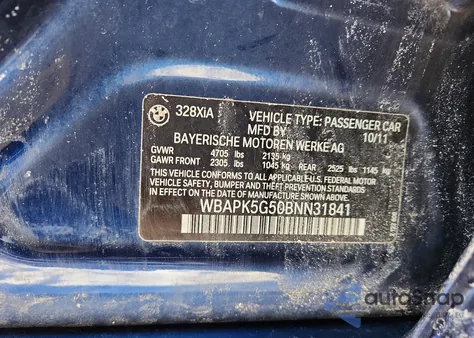 2011 BMW 328 Xi Sulev from USA, damaged, VIN WBAPK5G50BNN31841
